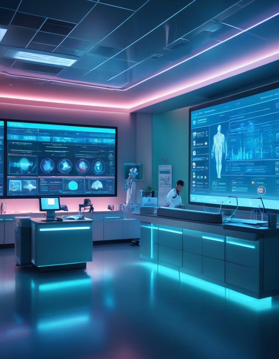 A futuristic hospital environment with advanced medical billing software displayed on a large, holographic screen. Physicians and administrative staff interact seamlessly with the technology, showcasing data analytics and patient information in real-time. The background should depict a clean, technologically advanced setting with modern medical equipment. super-realistic. vibrant colors. high-tech atmosphere.
