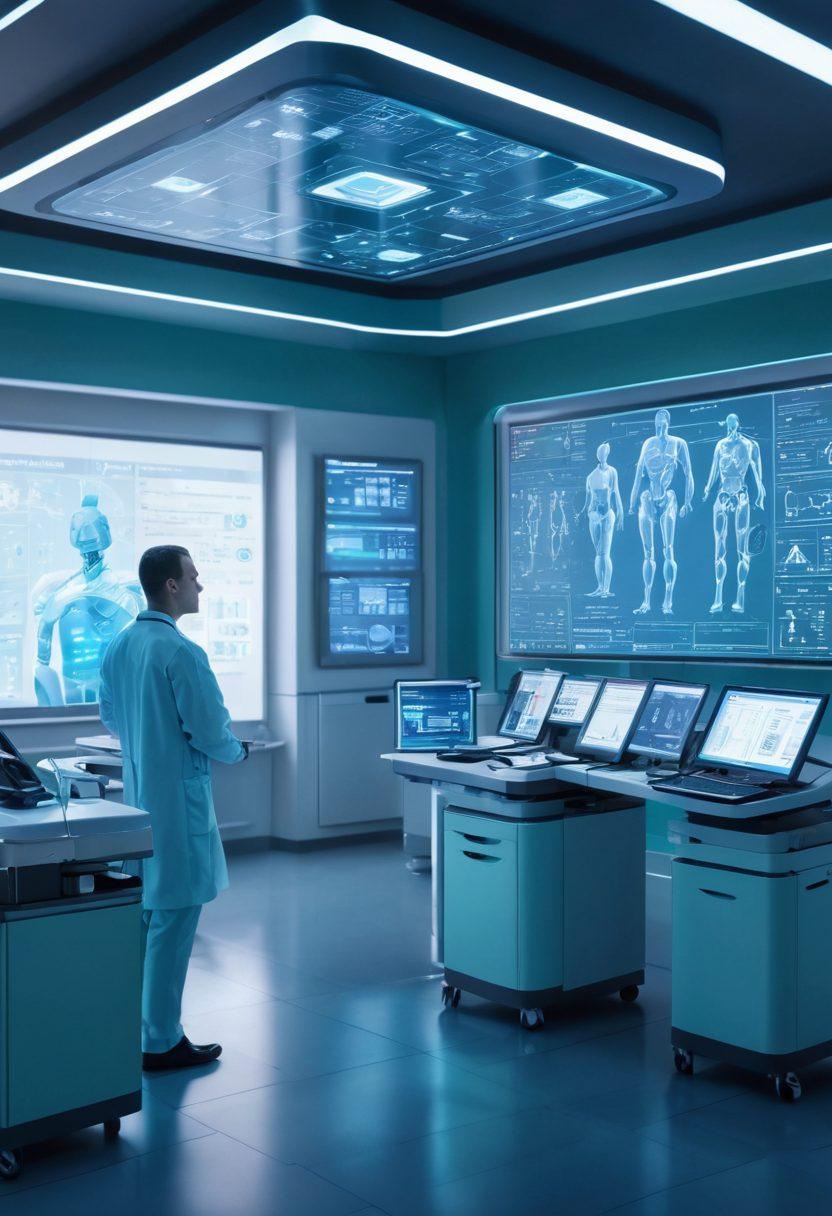 A futuristic hospital billing department with AI robots efficiently processing medical claims, alongside human professionals collaborating and outsourcing tasks via advanced computer systems. Background features digital medical diagrams, charts, and holograms representing data analytics. super-realistic. vibrant colors. high-tech atmosphere.