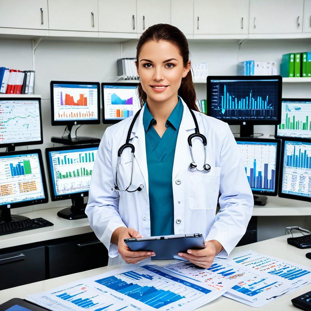 A modern medical office with doctors and administrative staff efficiently working together, surrounded by technology like computers and tablets showing charts and data. In the foreground, a confident medical billing specialist holding a folder with financial graphs and a dollar sign. Background includes a seamless blend of healthcare and financial elements like stethoscopes, medical reports, and calculators. super-realistic. vibrant colors. white background.